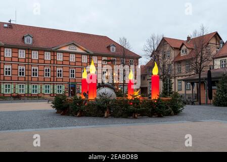 Germany, Saxony-Anhalt, Wernigerode, an oversized Advent wreath stands on a square in the half-timbered town of Wernigerode in the Harz Mountains. Stock Photo
