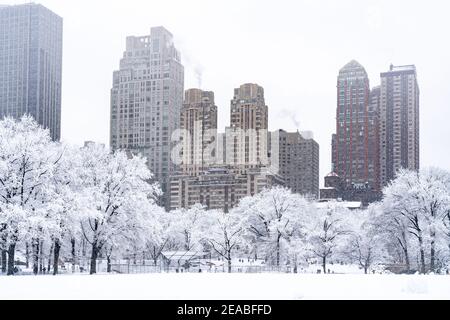 Gorgeous view of the New York City skyline from Central Park during a snow storm from the baseball field. Stock Photo