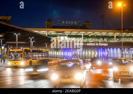 Essen, Ruhr area, North Rhine-Westphalia, Germany - road traffic at Essen main station with cars, buses and trains at Europaplatz, Essen - in the middle of Europe. Stock Photo