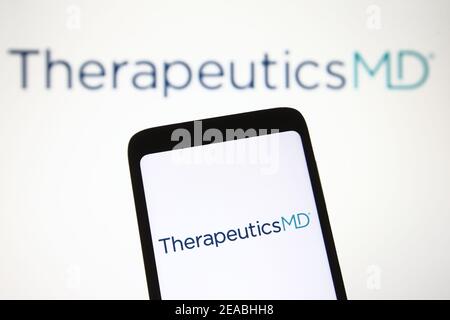 Ukraine. 08th Feb, 2021. In this photo illustration a TherapeuticsMD logo, a pharmaceutical company, is seen on a mobile phone and a pc screen. Credit: SOPA Images Limited/Alamy Live News Stock Photo