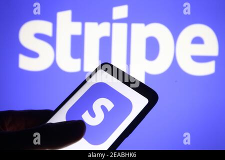 Ukraine. 08th Feb, 2021. In this photo illustration a Stripe logo of a financial services company seen displayed on a smartphone. Credit: SOPA Images Limited/Alamy Live News Stock Photo