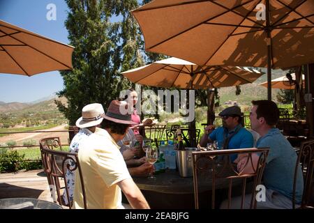 Baja california, MEXICO - APRIL 29, 2019: Men tasting white wine, bread and cheese at Villa Graza vineyard International Cosmopilite Tourism Canadienc Stock Photo