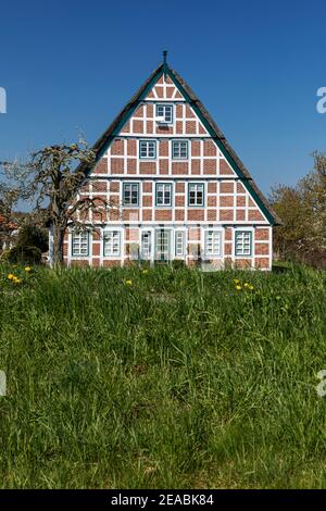 Half-timbered house in Jork, Altes Land, Stade district, Lower Saxony, Stock Photo