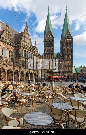 Street cafe, market square, old town hall, St. Petri cathedral, Bremen, Stock Photo