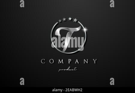T silver metal alphabet letter logo for company and corporate. Metallic star design with circle. Can be used for a luxury brand Stock Vector