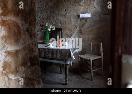 Germany, Saxony-Anhalt, Langenstein, cave dwelling, inhabited until 1916, set coffee table Stock Photo