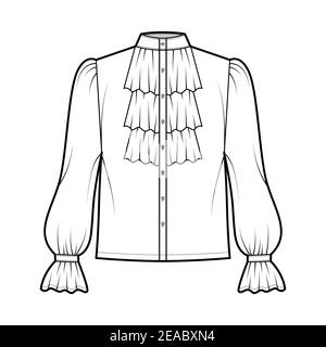 Poet pirate blouse technical fashion illustration with ruffles collar, bishop long sleeves, stand neck, loose fit, button up. Flat top template front, white color. Women, men unisex shirt CAD mockup Stock Vector