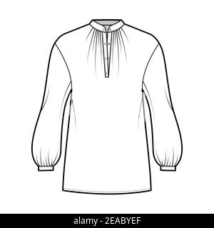 Women Shirt Dress with Mandarin Collar Flat Fashion Sketch Template.  Technical Fashion Illustration. Hidden Placket Blouse Stock Vector -  Illustration of draw, mandarin: 213776842