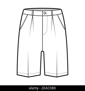 Short Bermuda dress pants technical fashion illustration with above-the-knee length, single pleat, low waist, rise, slashed pocket. Flat walking bottom front, white color. Women, men CAD mockup Stock Vector