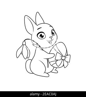 Cute bunny holding egg and snowdrop flower. Easter greeting cartoon vector coloring page. Stock Vector