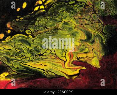 Hand painted marble liquid texture in black, red an yellow color. Stock Photo