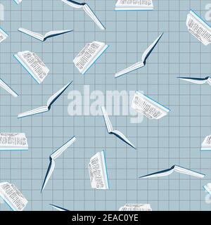 Seamless pattern with books on squared grig paper. Back to school. Book colorful background. Flat illustration. Bookcrossing. Design for banner, flyer Stock Vector