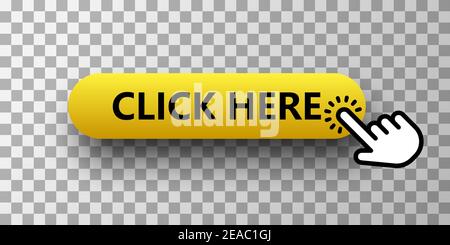 Click here button with a yellow hand. Stock Vector