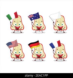 Slice of watter apple cartoon character bring the flags of various countries. Vector illustration Stock Vector