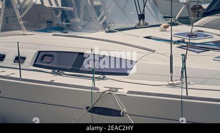 Close up of a luxury boat showing the deck and and its equipment Stock Photo
