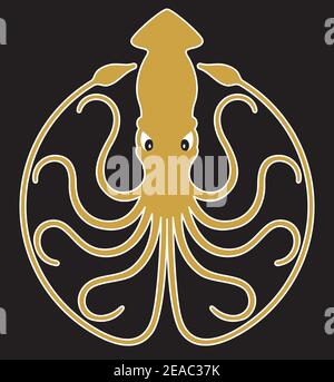 Giant Squid badge, logo, or emblem design. Vector illustration with 10 curling tentacles creating circle design. Stock Vector