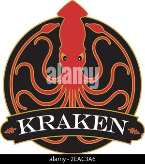 Kraken or Giant Squid badge, logo, or emblem design with ornate banner. Vector illustration with 10 curling tentacles creating circle design. Stock Vector