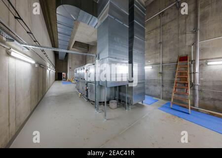 Oberhausen, Ruhr area, North Rhine-Westphalia, Germany - ventilation system in industrial building, new construction of Oberhausen pumping station, Emscher conversion, new construction of the Emscher AKE sewer. Stock Photo