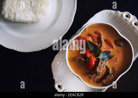 Roasted Duck in Red Curry with rice , Traditional Thai food Stock Photo