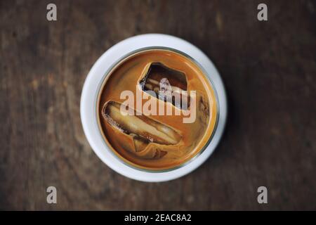 ice latte coffe on wood in coffee shop Stock Photo