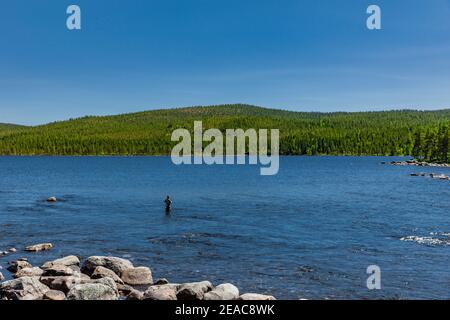Fly fisherman on a river in Norway Stock Photo