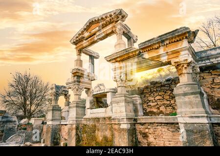 Trajan's fountain in Ephesus in the evening. Turkey Stock Photo