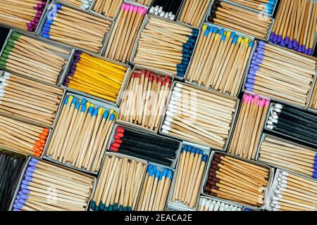 multicolored match sticks in boxes Stock Photo