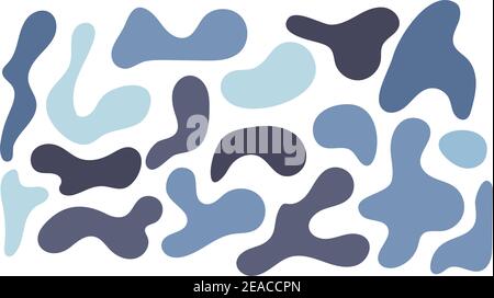 Blue irregular blob, set of abstract organic shapes. Abstract irregular random blobs. Simple liquid amorphous splodge. Trendy minimal designs for presentations, banners, posters and flyers Stock Vector