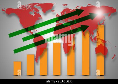 Double exposure with red world map with downward bar graph from business and financial concept. Elements of this image furnished by NASA. Stock Photo