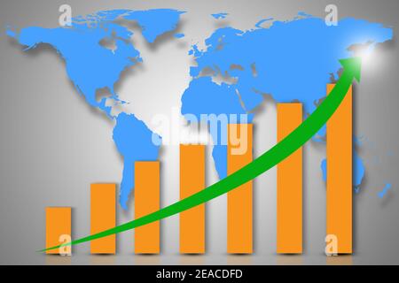Double exposure with blue world map with downward bar graph from business and financial concept. Elements of this image furnished by NASA. Stock Photo