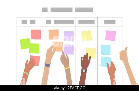 Multiracial developer team working on scrum sprint board together and organising project tasks flat vector Stock Vector