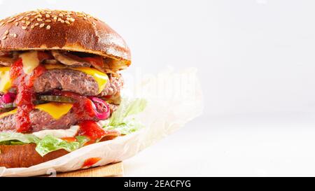 Delicious fresh burger on the white background Stock Photo
