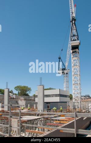 Large cranes working at the construction site for a 9-storey aged care and medical precinct development, South Caulfield, Melbourne, Australia Stock Photo