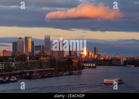 England, London, Docklands and Canary Wharf Skyline and River Thames