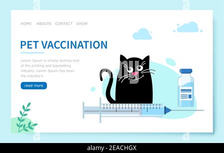 Pet vaccination. Happy cat sitting with an injection. Veterinary medicine treatment. Landing page Veterinary clinic. Vector blue flat illustration on Stock Vector