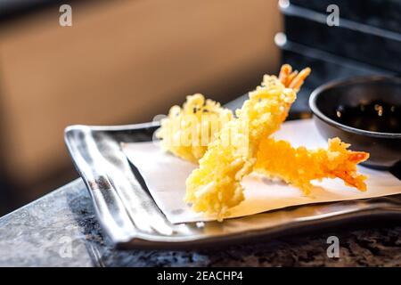 Close up Tempura deep fried shrimp with soy sauce,japanese style. Stock Photo