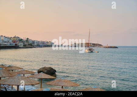 Greece Crete Hersonissos Heraklion, 11-09-2019. Greek seaside town lifestyle, fishing and tourist boats at sea Stock Photo