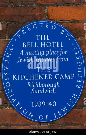 England, Kent, Sandwich, The Bell Hotel, WWII Jewish Refugees Meeting Place Memorial Plaque Stock Photo