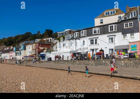 England, Dorset, Lyme Regis, Beach Front Houses and Shops Stock Photo