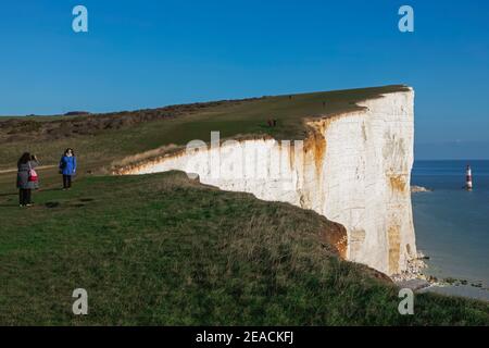 England, East Sussex, Eastbourne, Beachy Head, The Seven Sisters Cliffs and Beachy Head Lighthouse Stock Photo