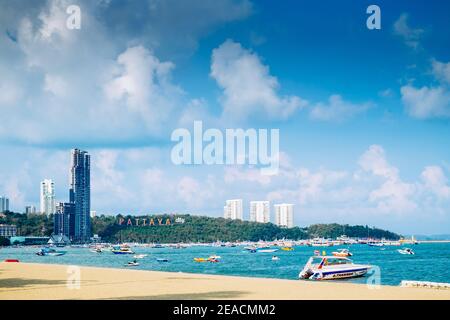 CHON BURI ,THAILAND - March 10,2019 :Billboard 'PATTAYA CITY' in coast with sky and blue sea, PATTAYA BEACH Chonburi province.Thailand. Stock Photo