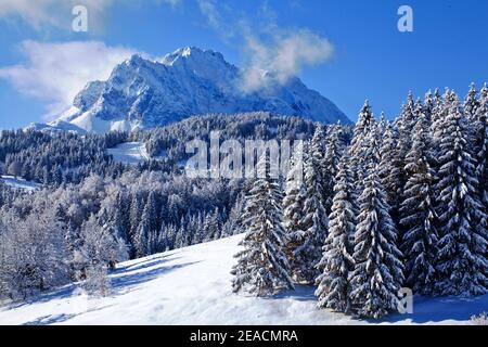 View from the Buckelwiesen near Mittenwald to the wooded Kranzberg and the Wetterstein Mountains Stock Photo