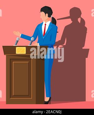 Businesswoman with long nose shadow on wall. Orator speaking from tribune. Public speaker. Liar, lying people in business. Cheat, fraud, scam, hoax and crime. Vector illustration in flat style Stock Vector