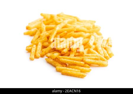 French fries. Salted snack. Potato chips isolated on white background. Stock Photo