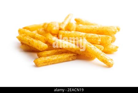 French fries. Salted snack. Potato chips isolated on white background. Stock Photo