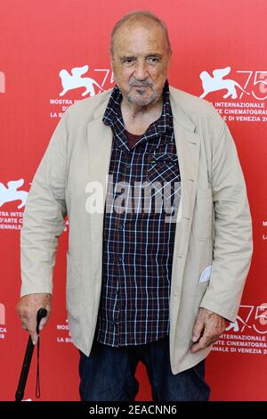 File photo - Jean-Claude Carriere attending the At Eternity's Gate Photocall as part of the 75th Venice International Film Festival (Mostra) in Venice, Italy on September 03, 2018. Jean-Claude Carrière, the prolific French screenwriter who collaborated with some of the greatest art house auteurs of his time, has died. He was 89. Carrière died Monday evening of natural causes at his home in Paris. Carrière won a competitive Oscar in 1963 for his work with countryman Pierre Étaix on a live-action short film, then received an honorary Academy Award at the Governors Awards in 2014. Photo by Aurore Stock Photo