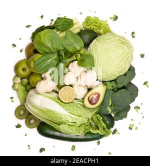 green vegetables Group of green vegetables and fruits on white background Stock Photo