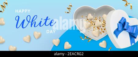 Happy White Day. White chocolate in white gift box shaped Heart on blue background. 3d realistic vector illustration. Stock Vector