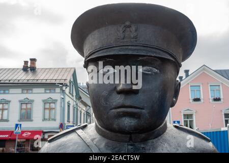 White painted eyes of The Bobby at the Market (Toripolliisi) statue at market square in Oulu Finland Stock Photo