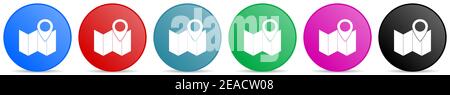 Marker, map, location and travel vector icons, set of circle gradient buttons in 6 colors options for webdesign and mobile applications Stock Vector